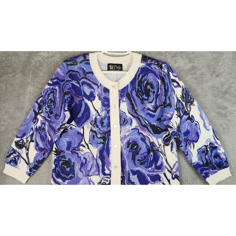 Bob Mackie Wearable Art Sweater Womens XS Purple Blue Floral Rose Cardigan - Picture 6 of 12